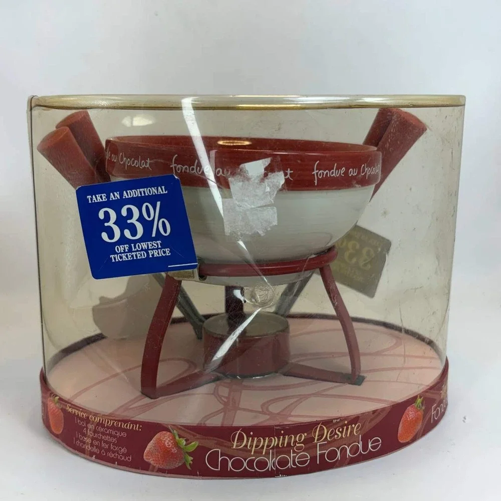 Joie MSC Dipping Desire Chocolate Fondue Set Ceramic Bowl 4 Forks Red White